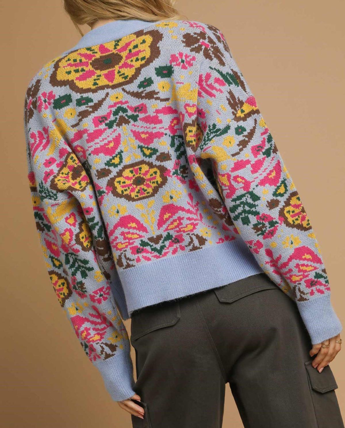 Floral Print Knit Button up Cardigan Sweater