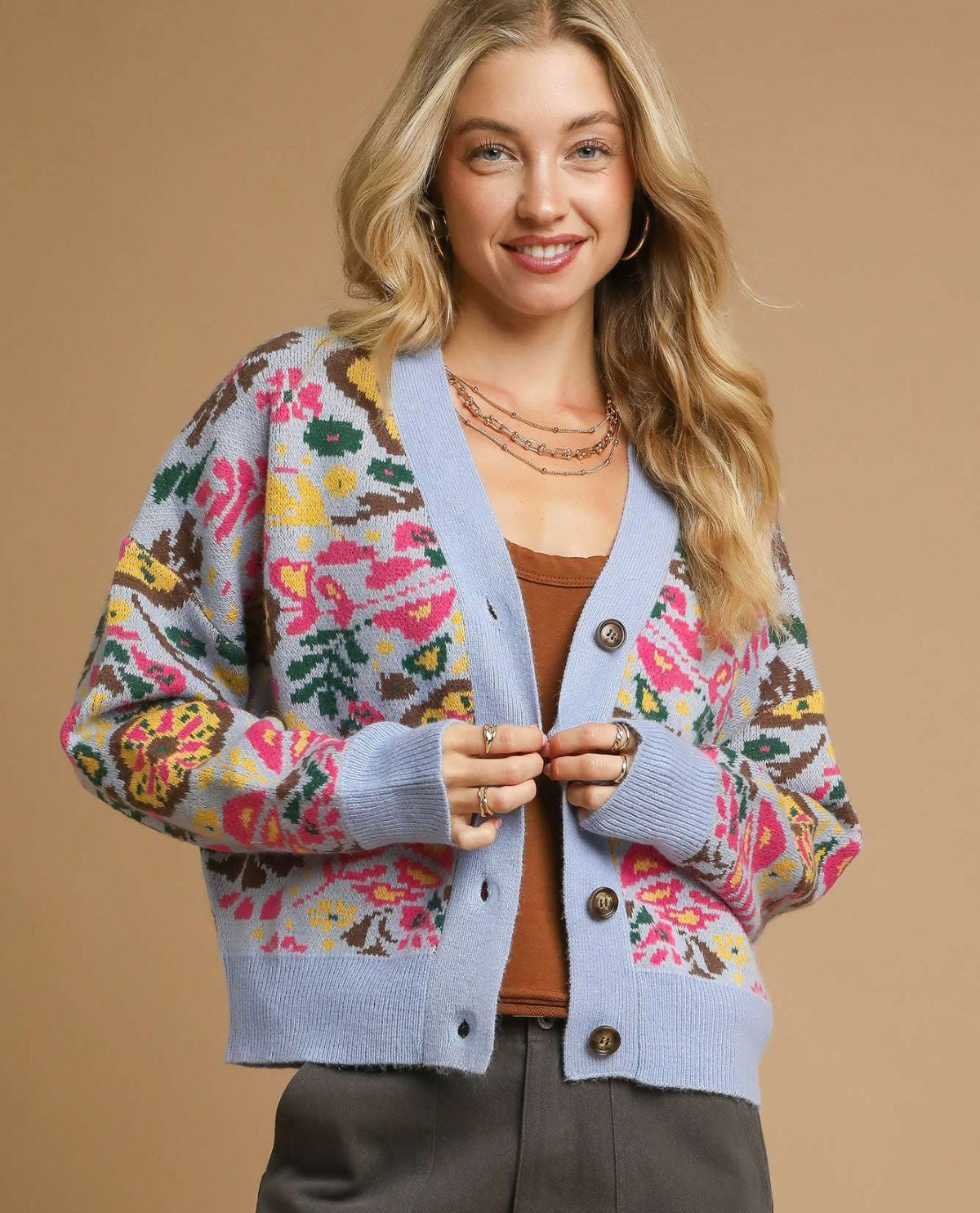 Floral Print Knit Button up Cardigan Sweater