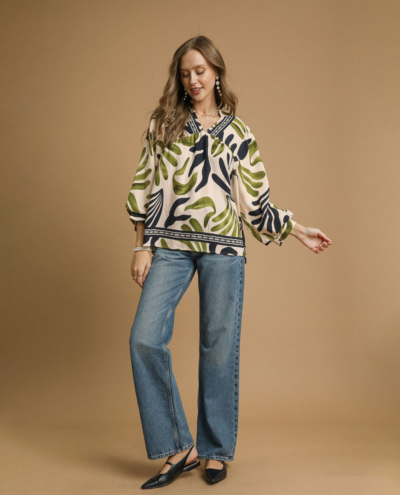 Boho Leafy Print Top with 3/4 Balloon Sleeves
