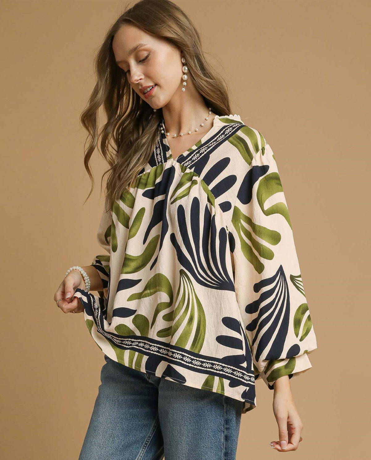 Boho Leafy Print Top with 3/4 Balloon Sleeves