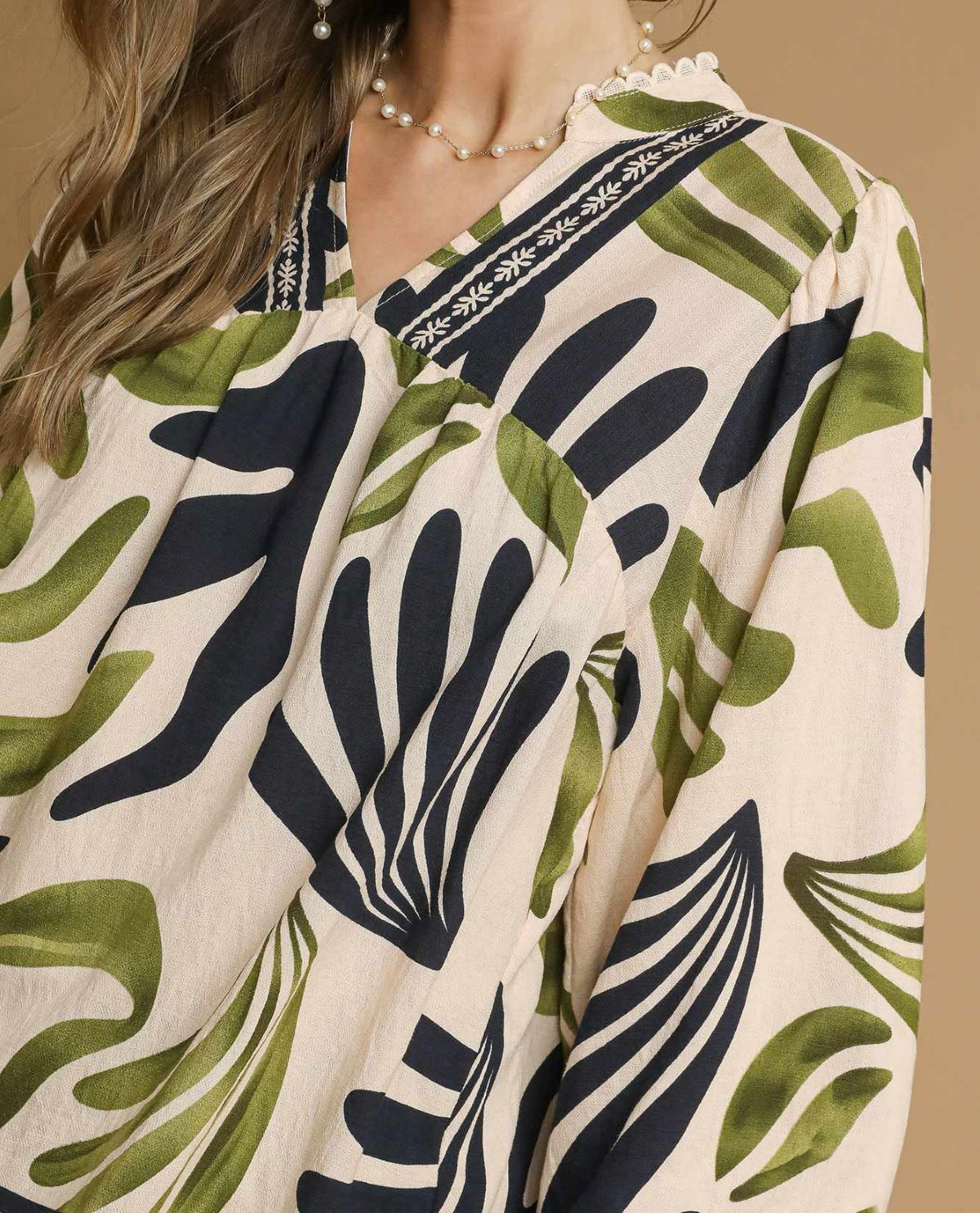 Boho Leafy Print Top with 3/4 Balloon Sleeves