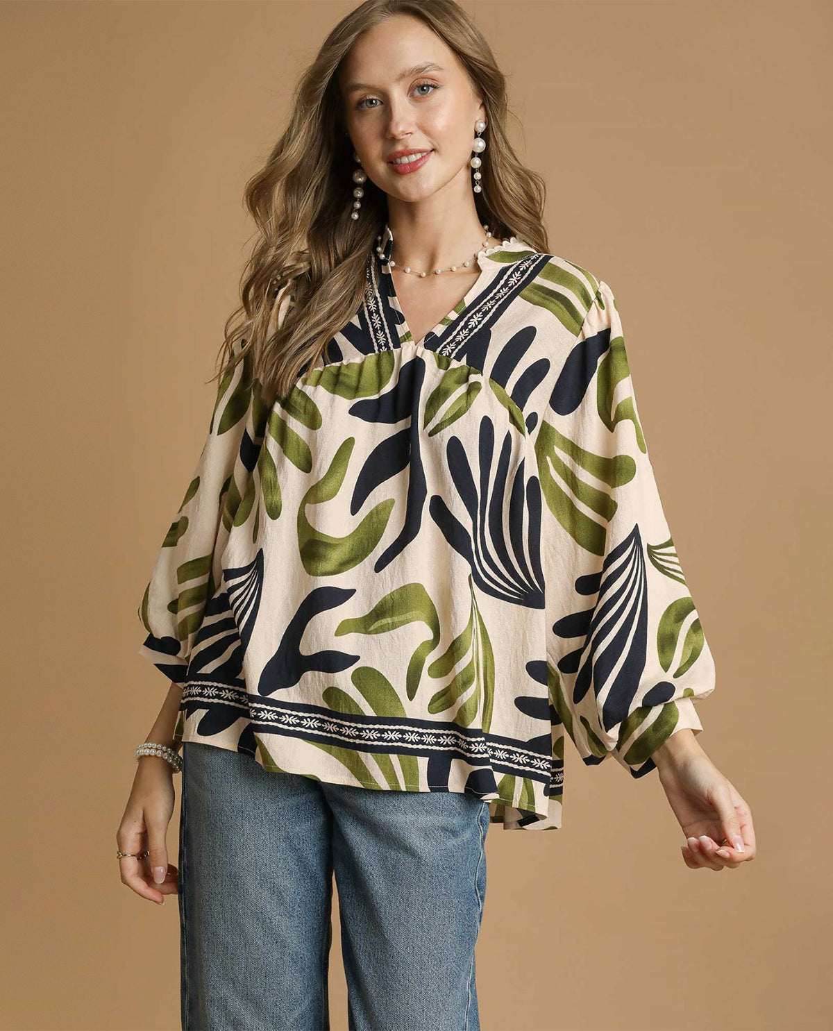Boho Leafy Print Top with 3/4 Balloon Sleeves