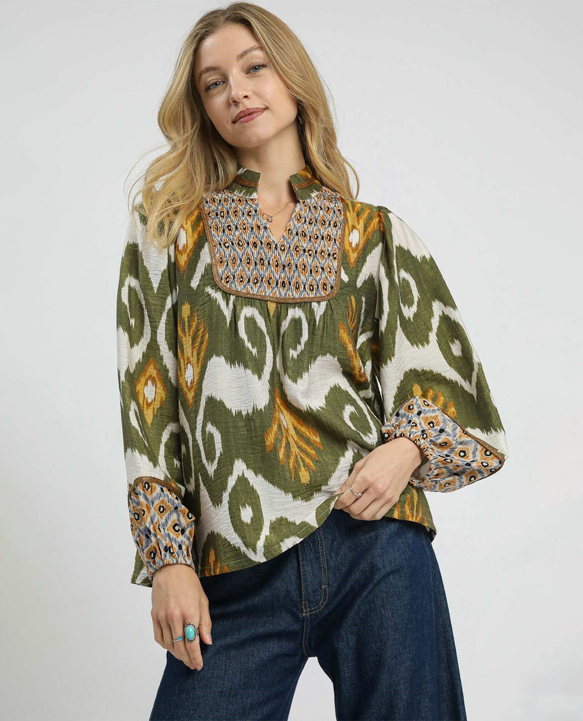 Ikat Print Boho Blouse with Yoke Detail
