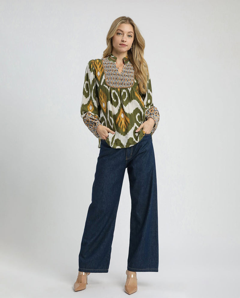 Ikat Print Boho Blouse with Yoke Detail