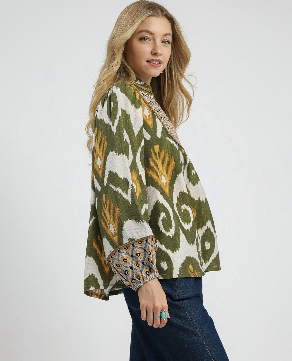 Ikat Print Boho Blouse with Yoke Detail