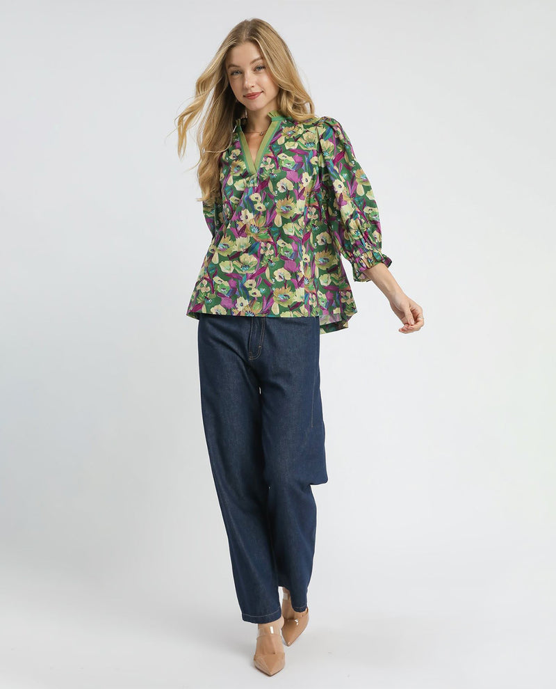 Floral Print Ruffle Neck Top