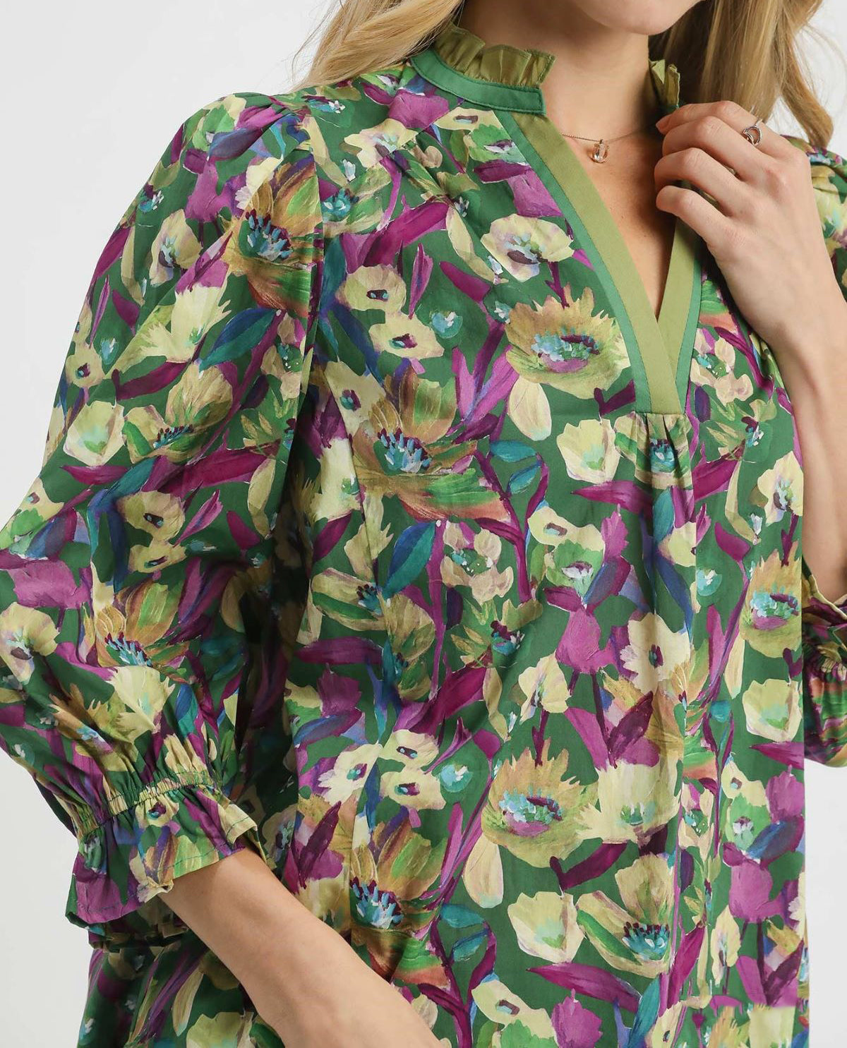 Floral Print Ruffle Neck Top