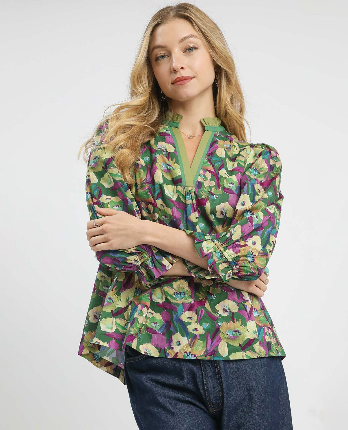 Floral Print Ruffle Neck Top