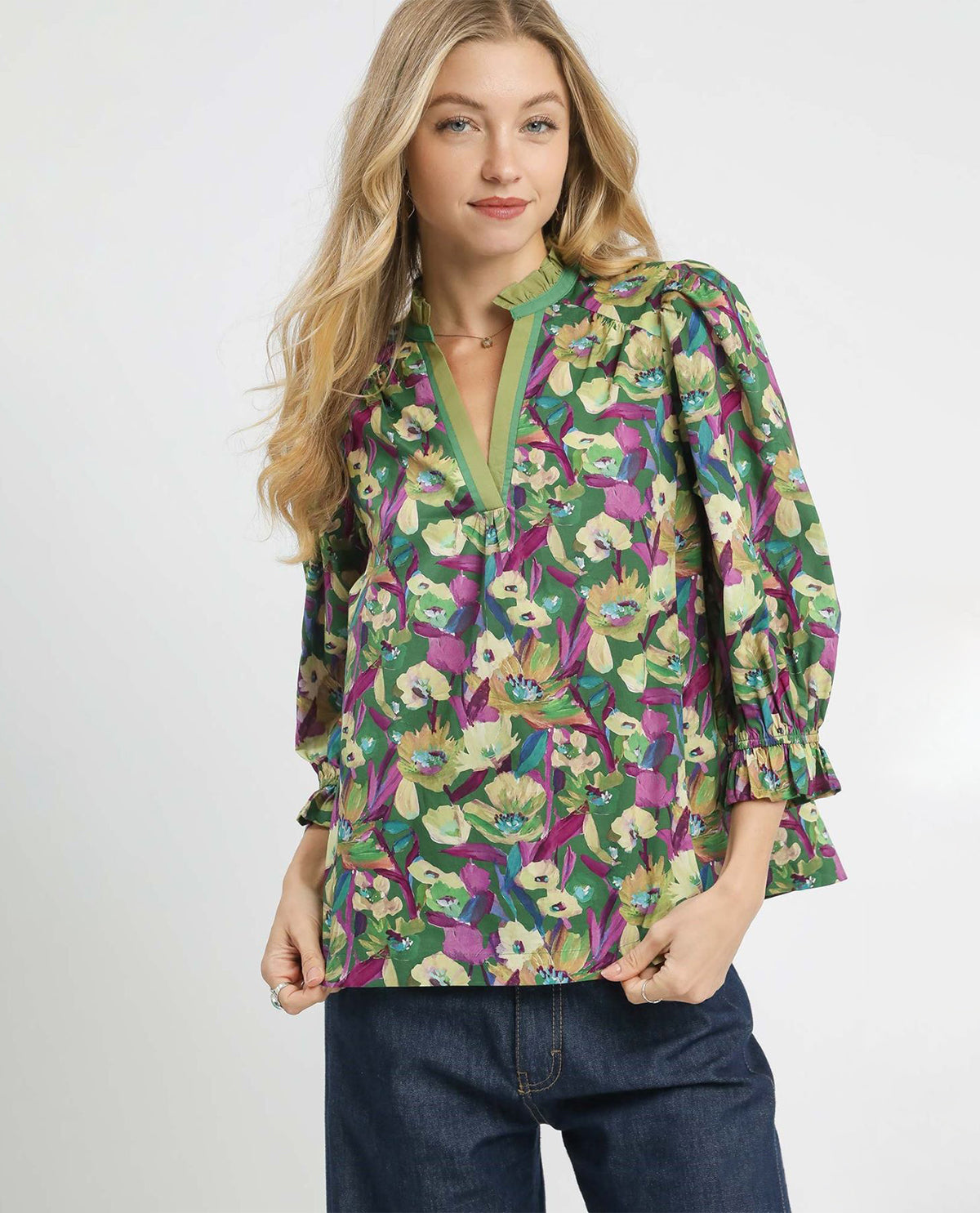 Floral Print Ruffle Neck Top