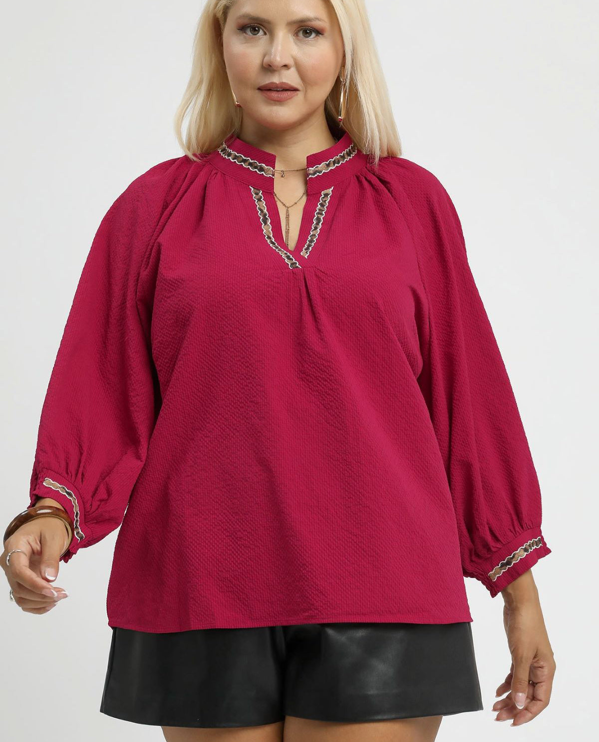 Plus Puff Sleeves V Neck Collared Top