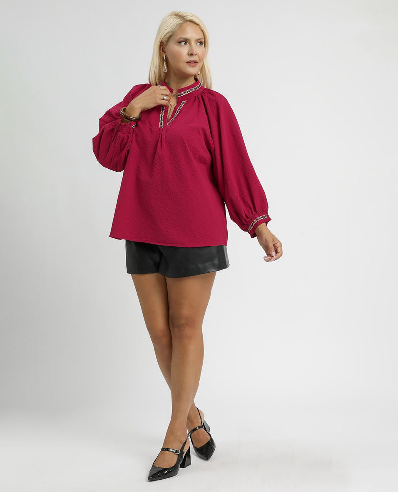 Plus Puff Sleeves V Neck Collared Top