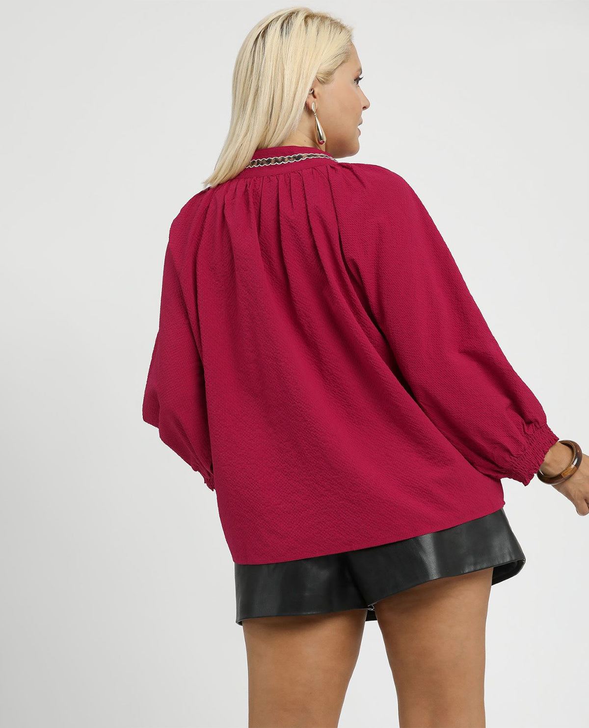 Plus Puff Sleeves V Neck Collared Top