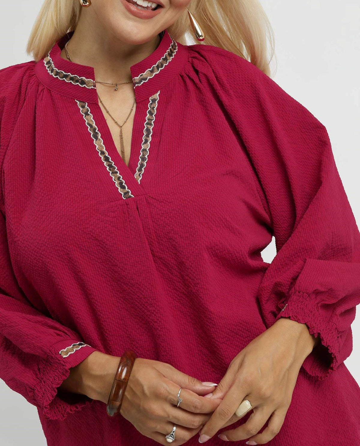 Plus Puff Sleeves V Neck Collared Top