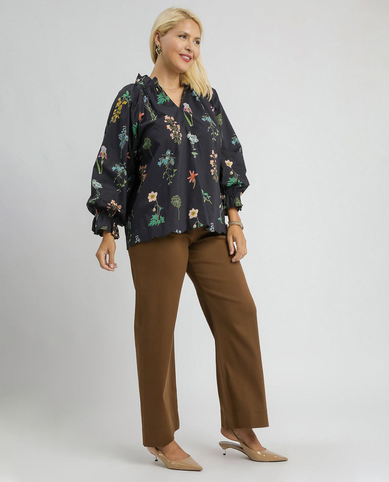 Plus Floral Ruffle Split Neck Top