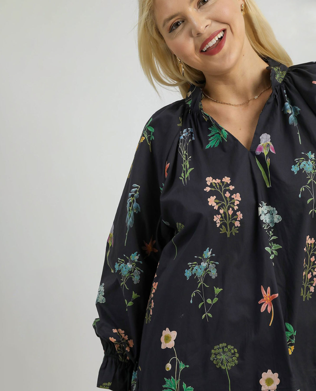 Plus Floral Ruffle Split Neck Top