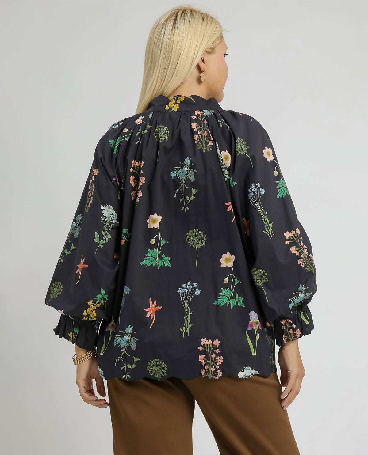Plus Floral Ruffle Split Neck Top