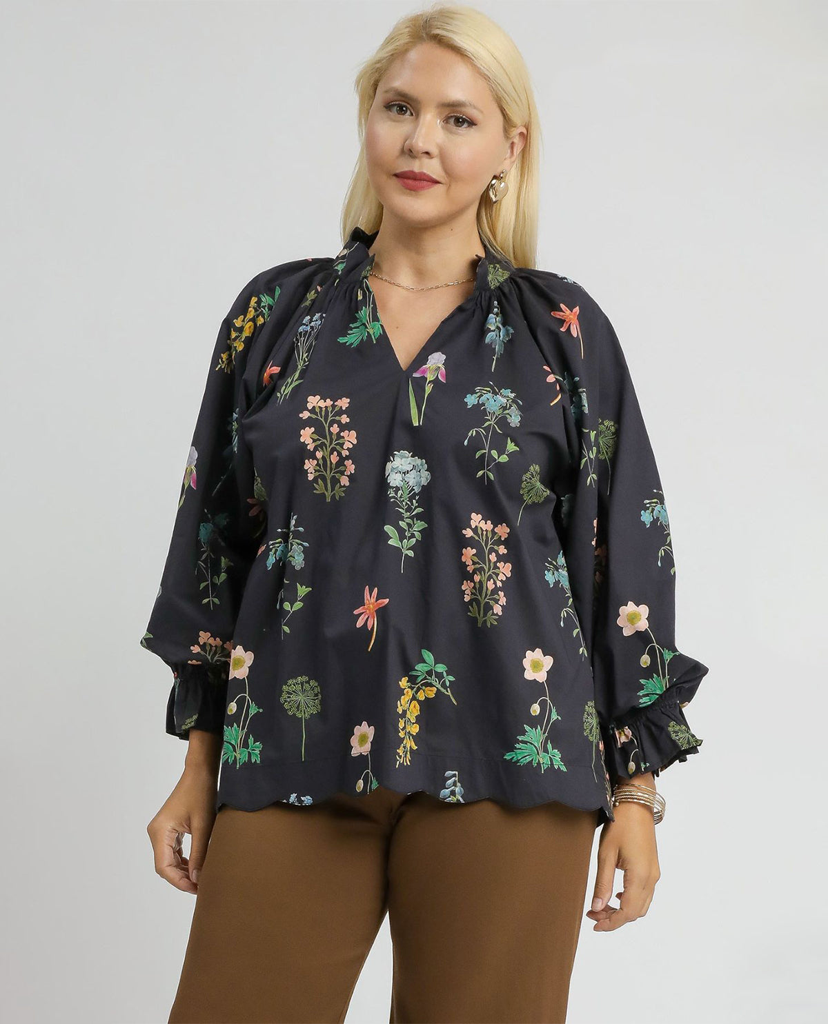 Plus Floral Ruffle Split Neck Top