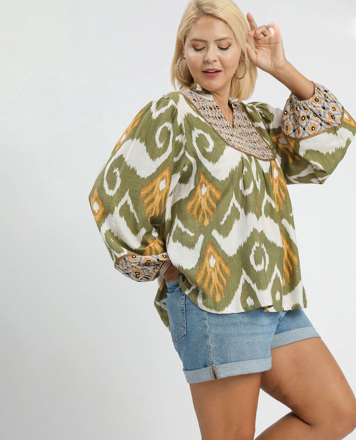 Plus Mix Print Top with Smocked Yoke Detail