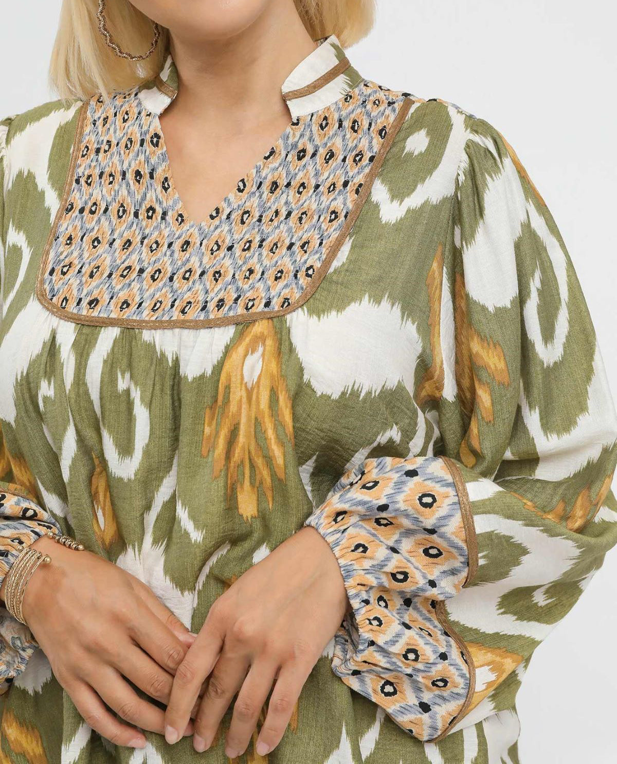 Plus Mix Print Top with Smocked Yoke Detail