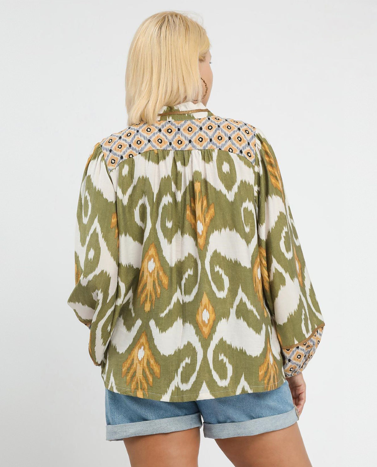 Plus Mix Print Top with Smocked Yoke Detail