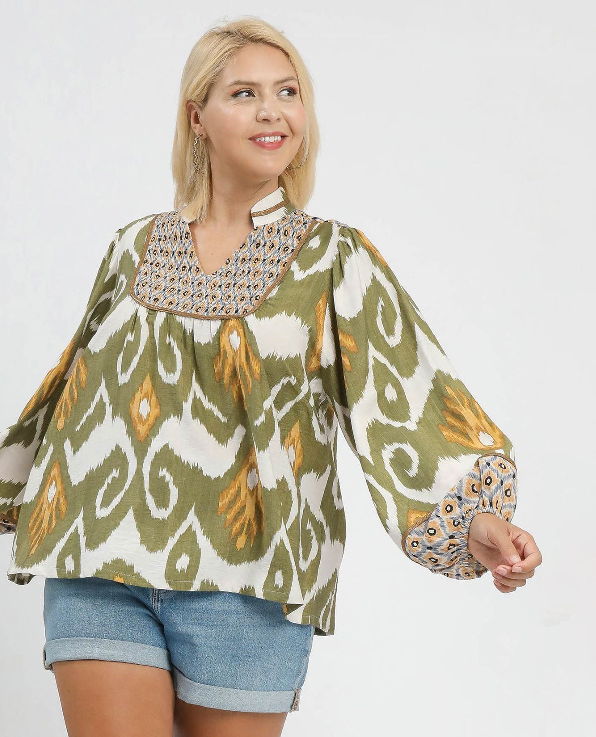 Plus Mix Print Top with Smocked Yoke Detail