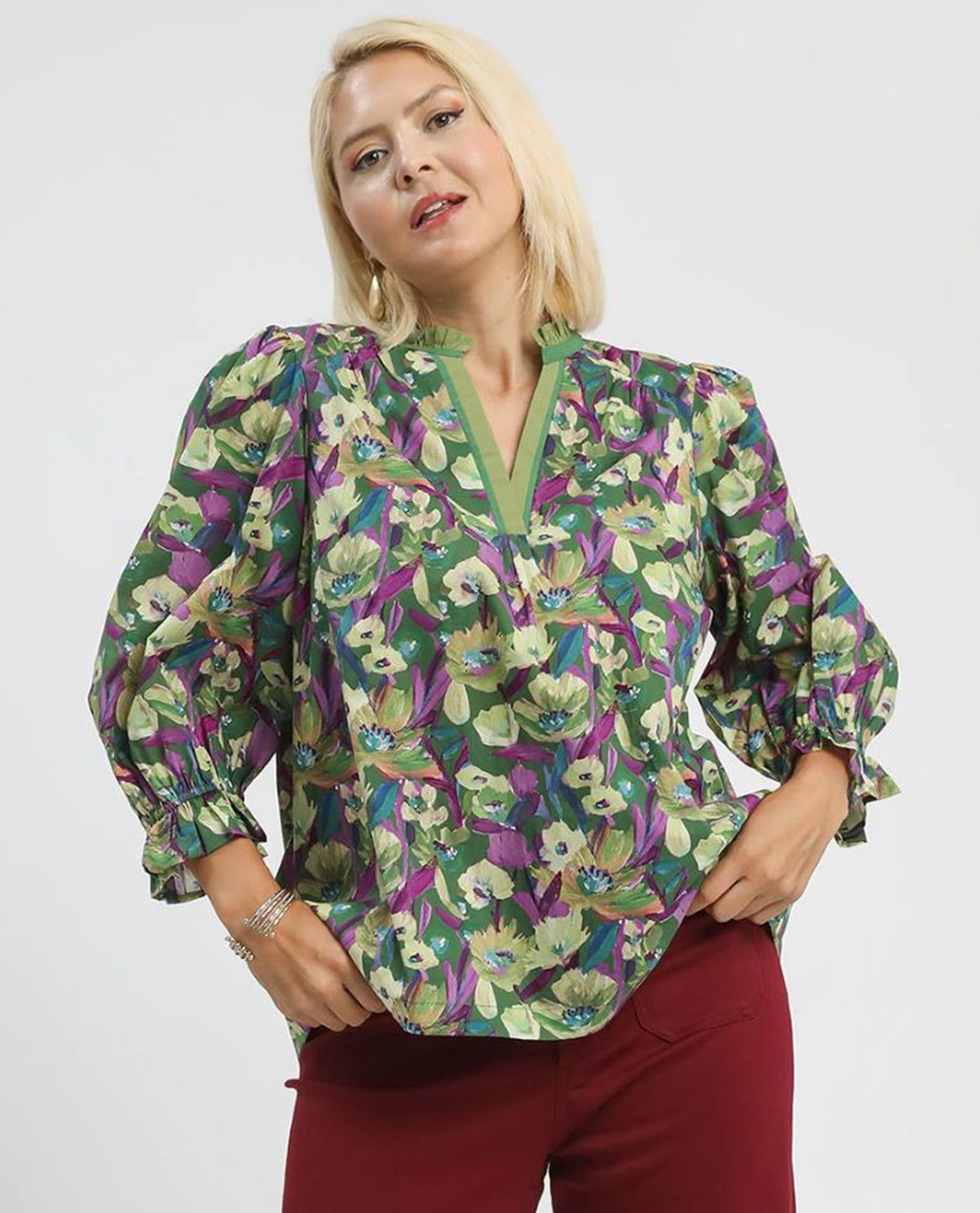 Plus Print Ruffle Neck Top