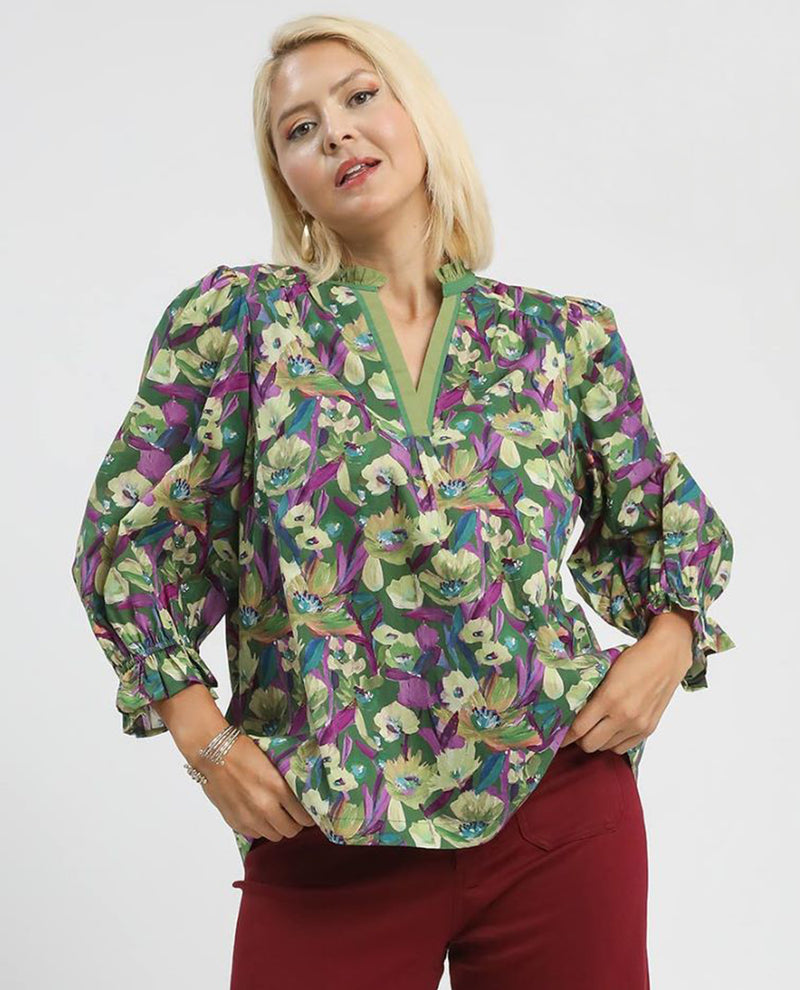 Plus Print Ruffle Neck Top
