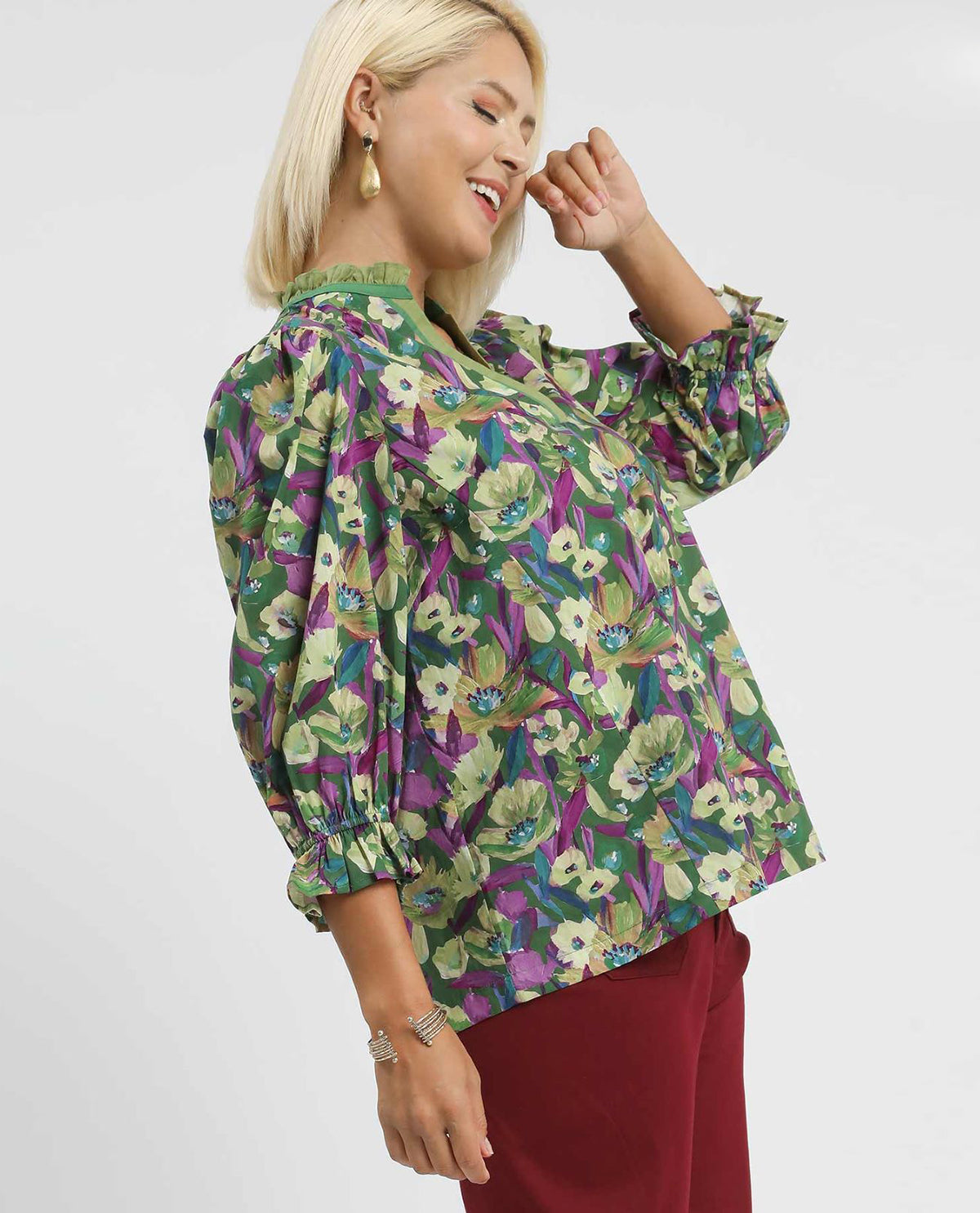 Plus Print Ruffle Neck Top