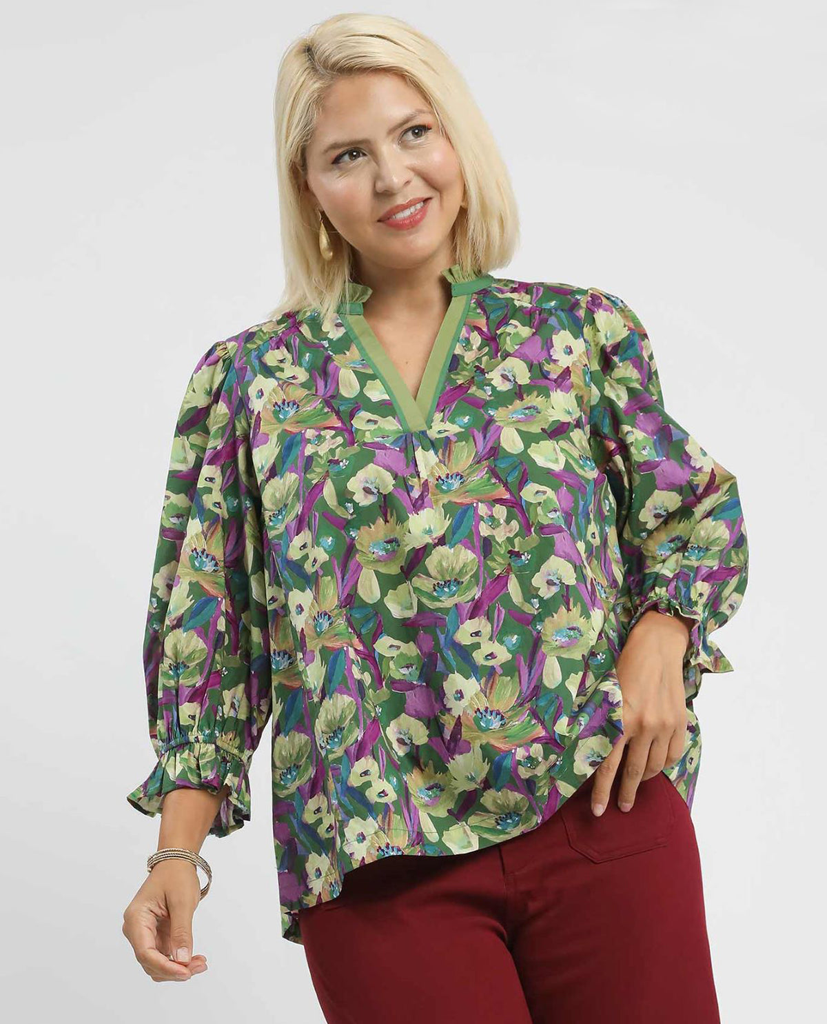 Plus Print Ruffle Neck Top
