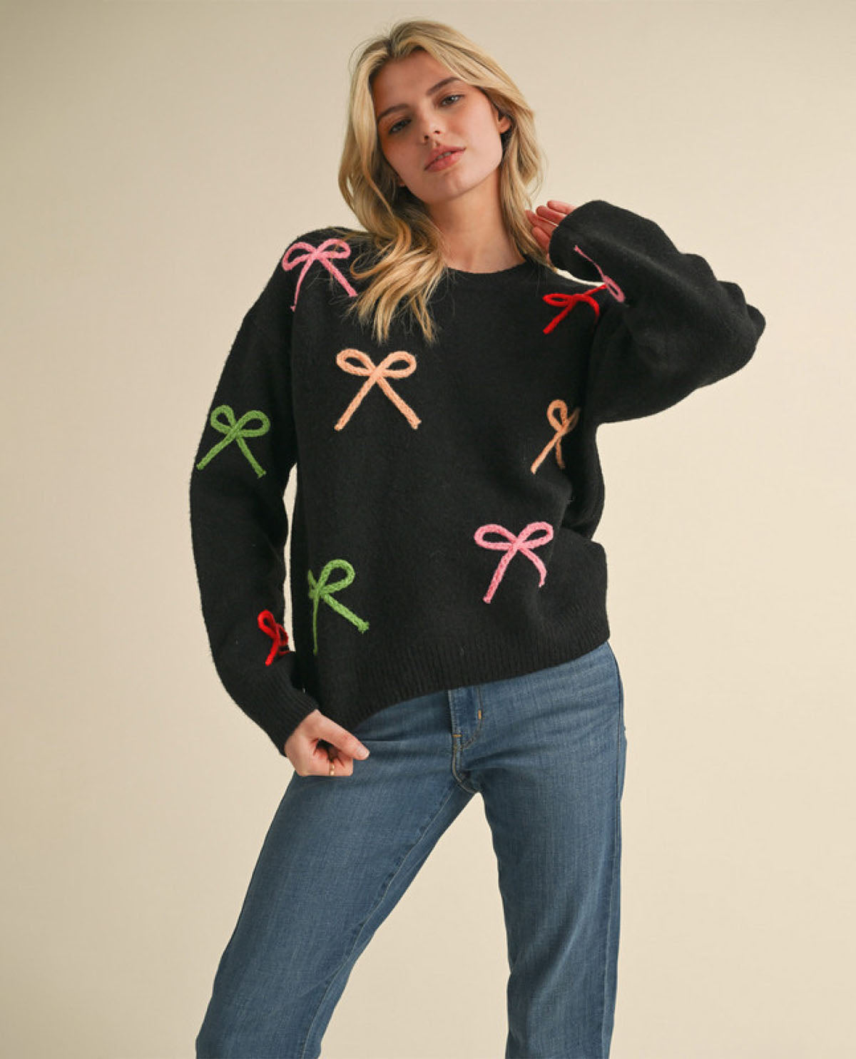 Black Sweater with Vibrant Colored Bows