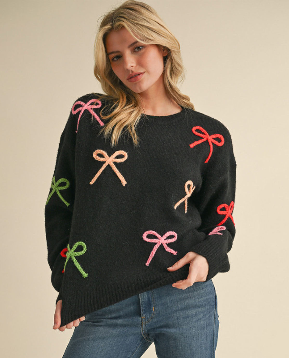 Black Sweater with Vibrant Colored Bows