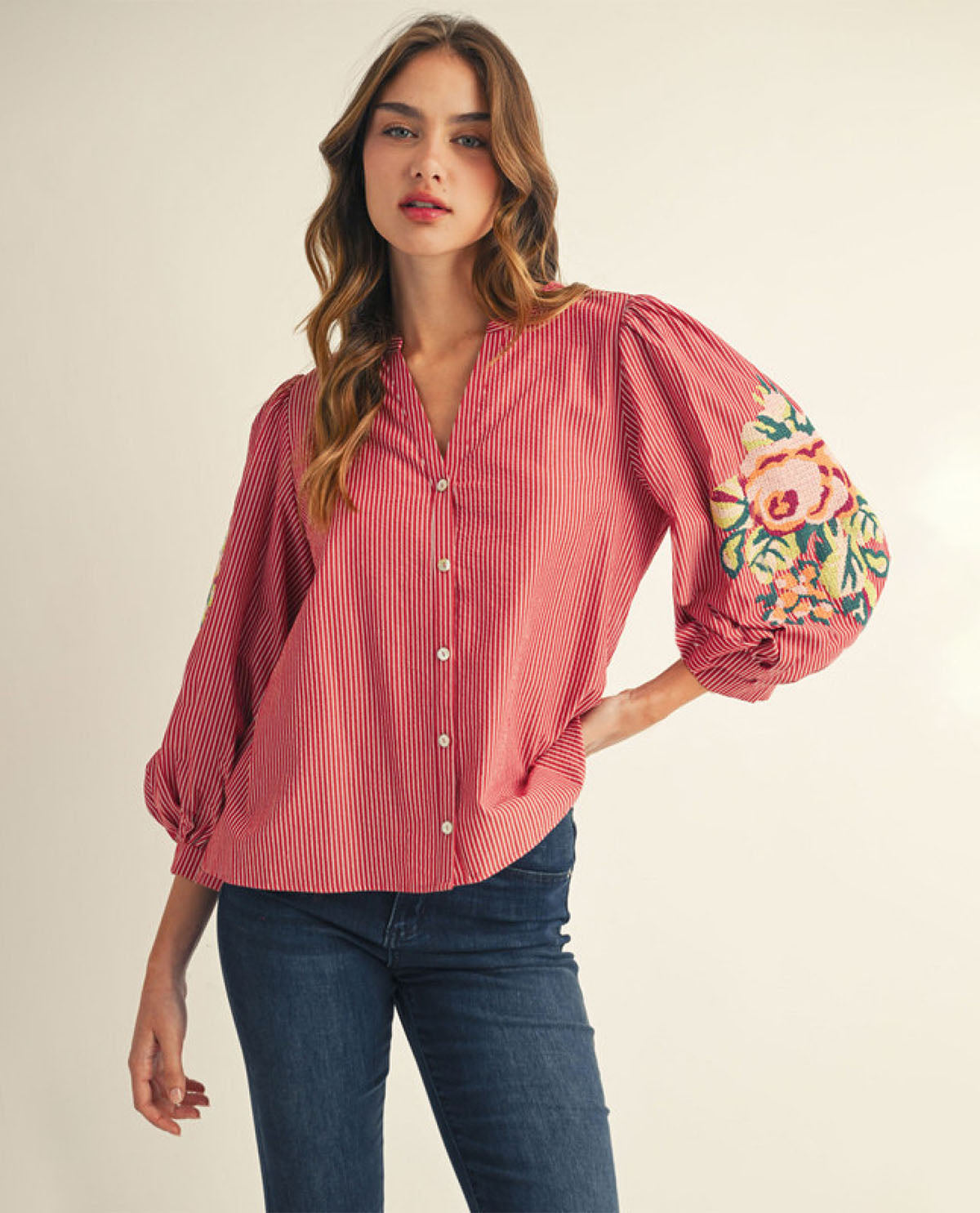 Jodifl Button Front Top with Embroidered Sleeve