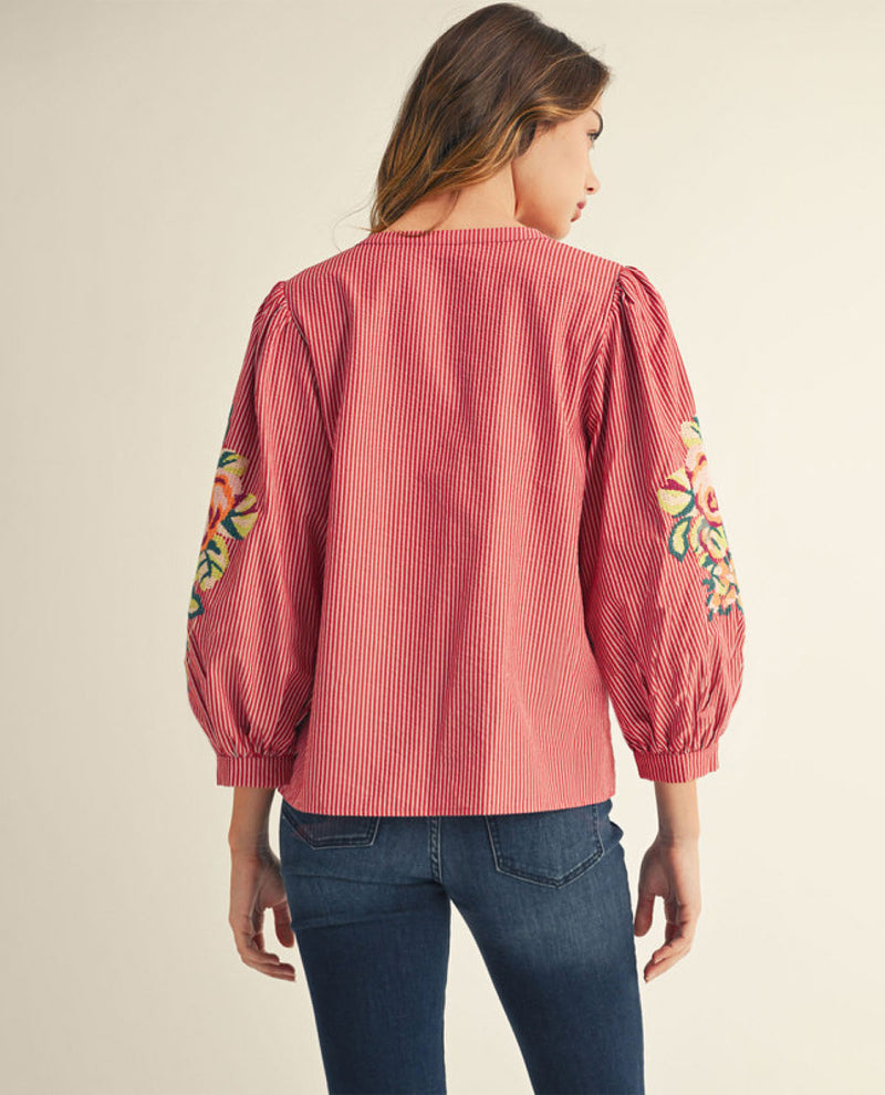 Jodifl Button Front Top with Embroidered Sleeve
