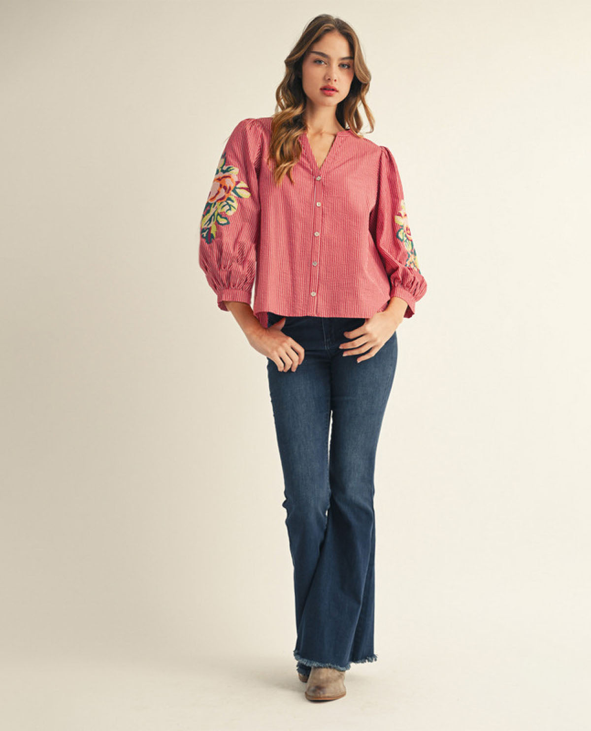 Jodifl Button Front Top with Embroidered Sleeve