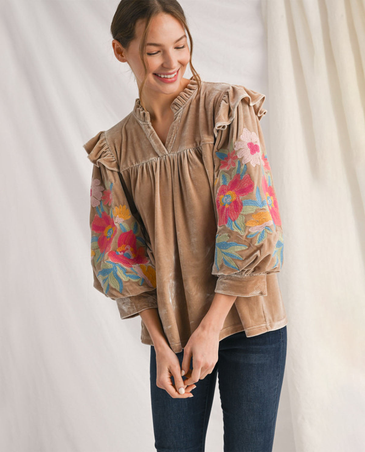 Jodifl Velvet Top with Embroidered Sleeve
