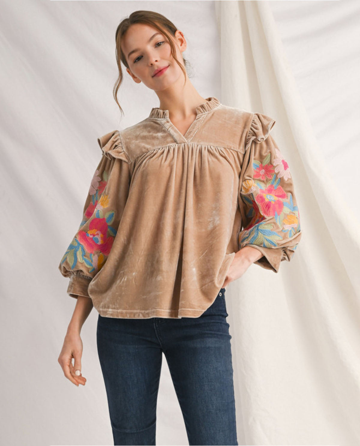 Jodifl Velvet Top with Embroidered Sleeve