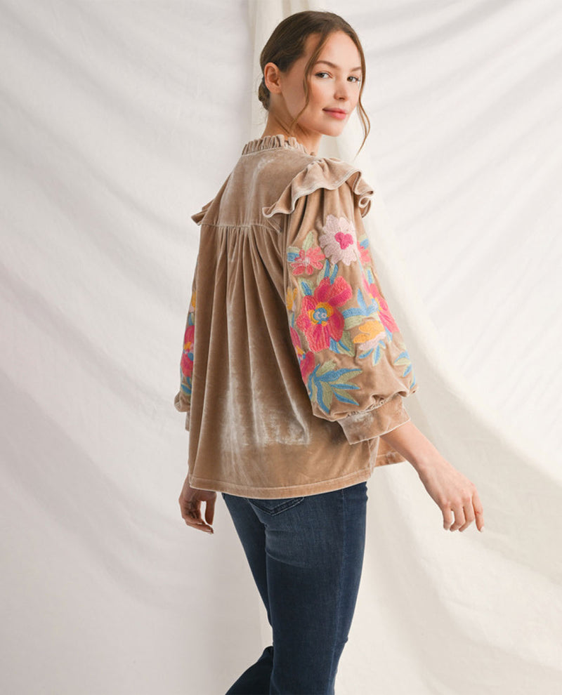 Jodifl Velvet Top with Embroidered Sleeve