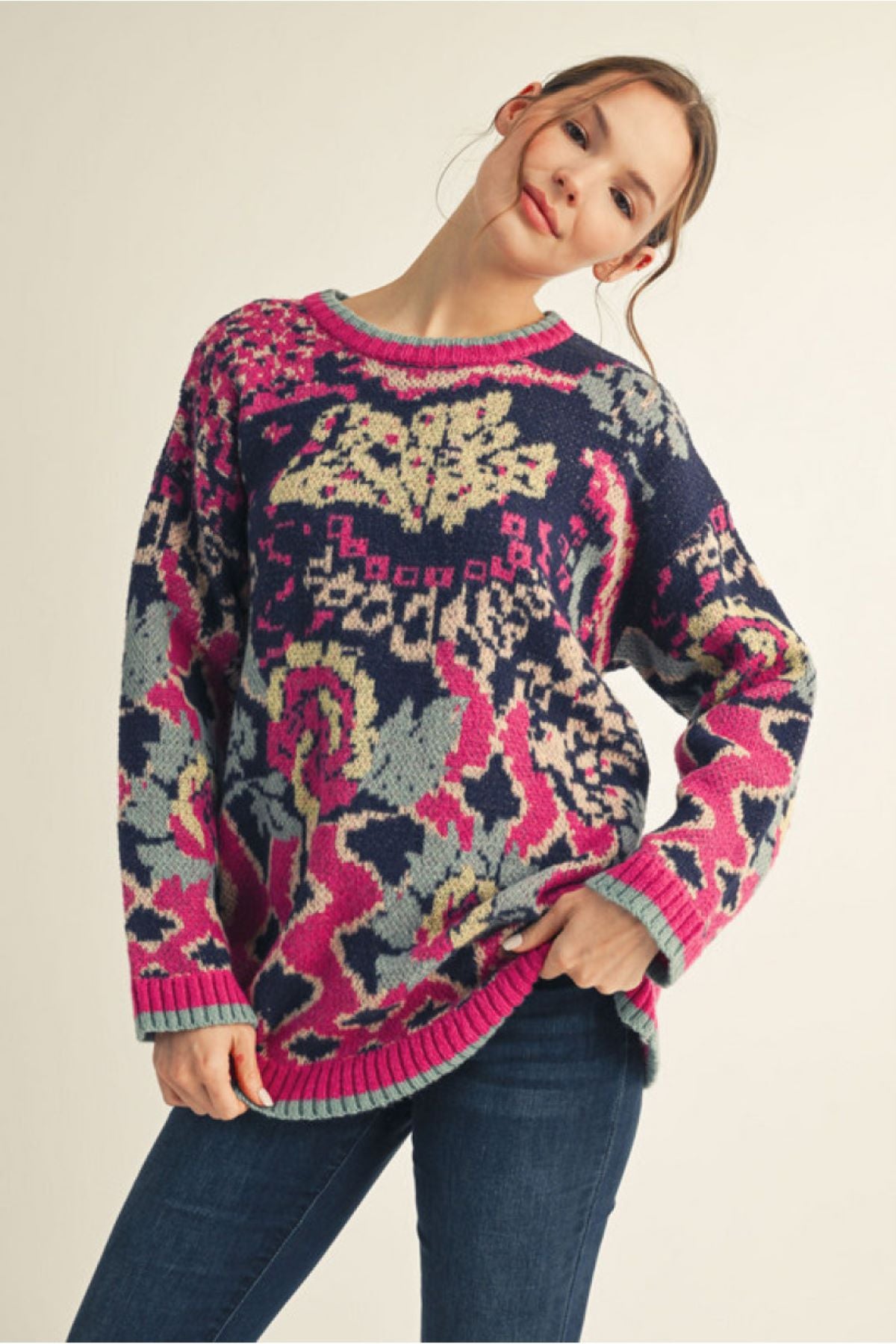 Floral Pattern Sweater Tunic Top