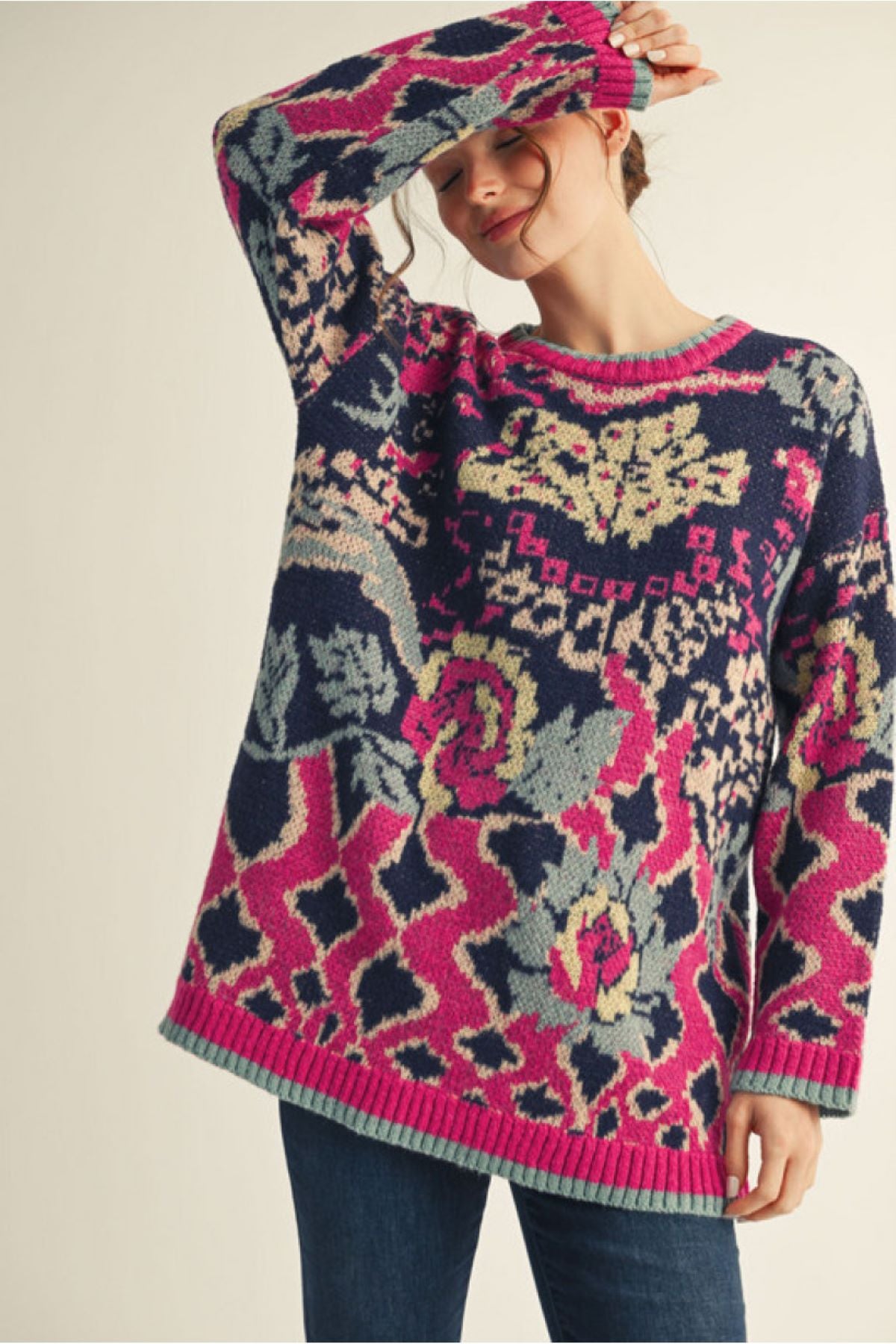 Floral Pattern Sweater Tunic Top