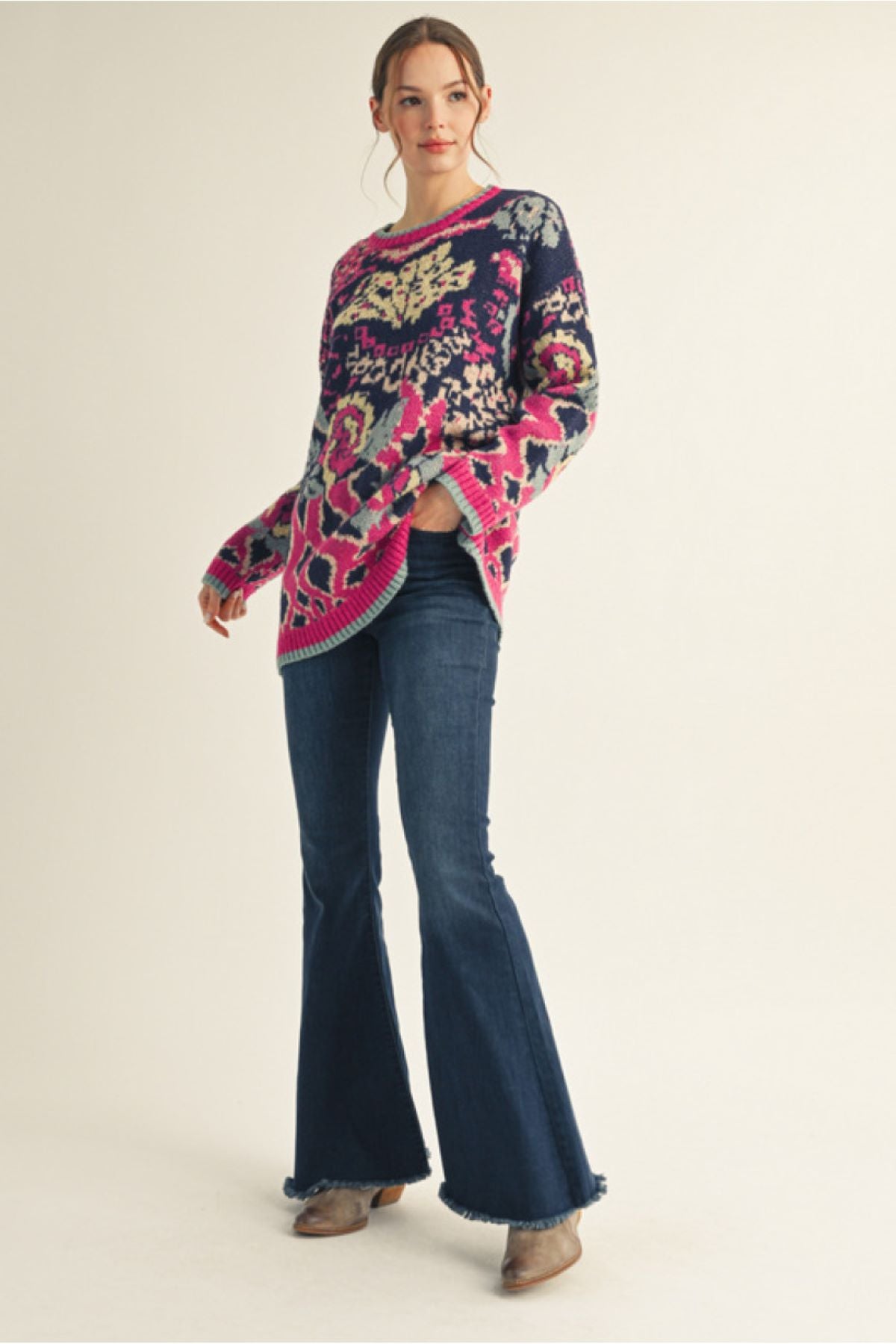 Floral Pattern Sweater Tunic Top