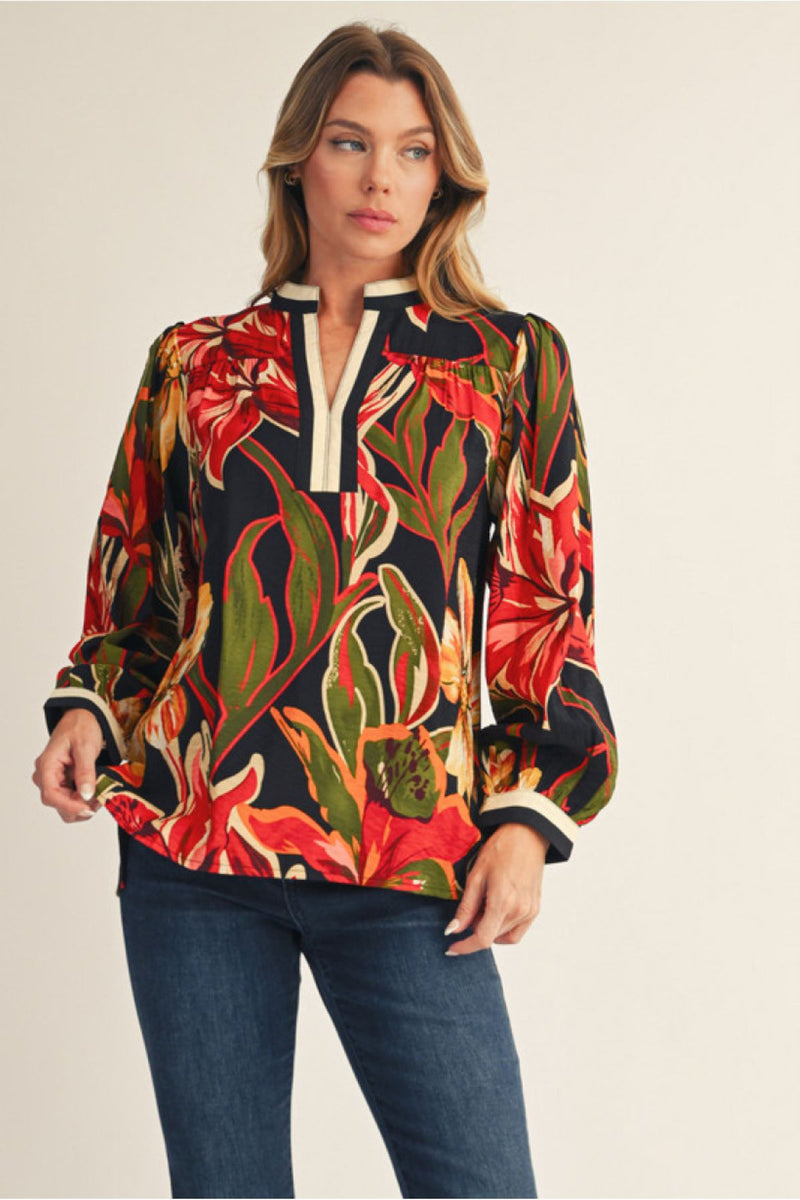 Long Sleeve Floral Top with Contrast Detail