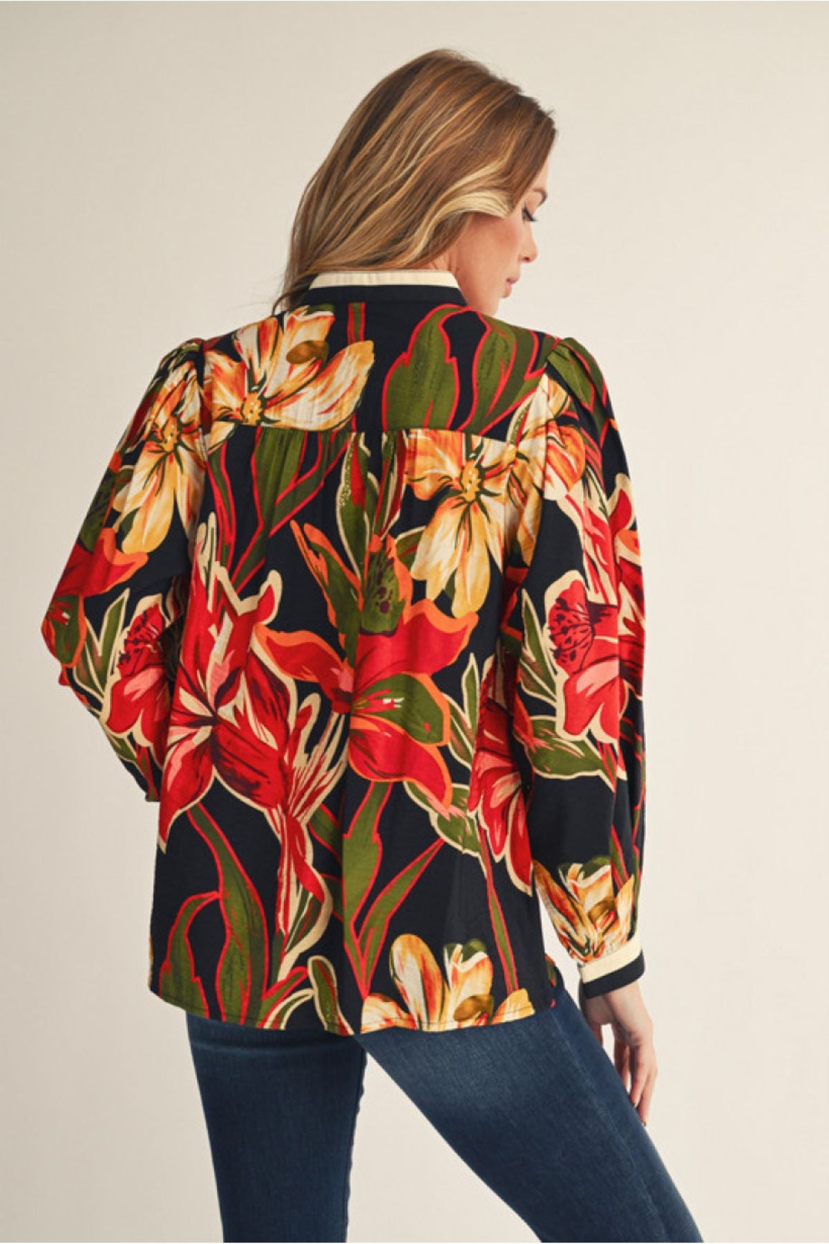 Long Sleeve Floral Top with Contrast Detail