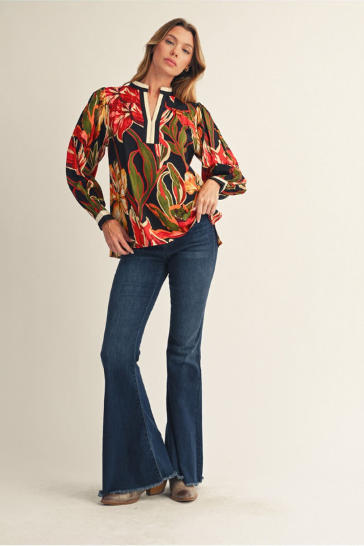 Long Sleeve Floral Top with Contrast Detail