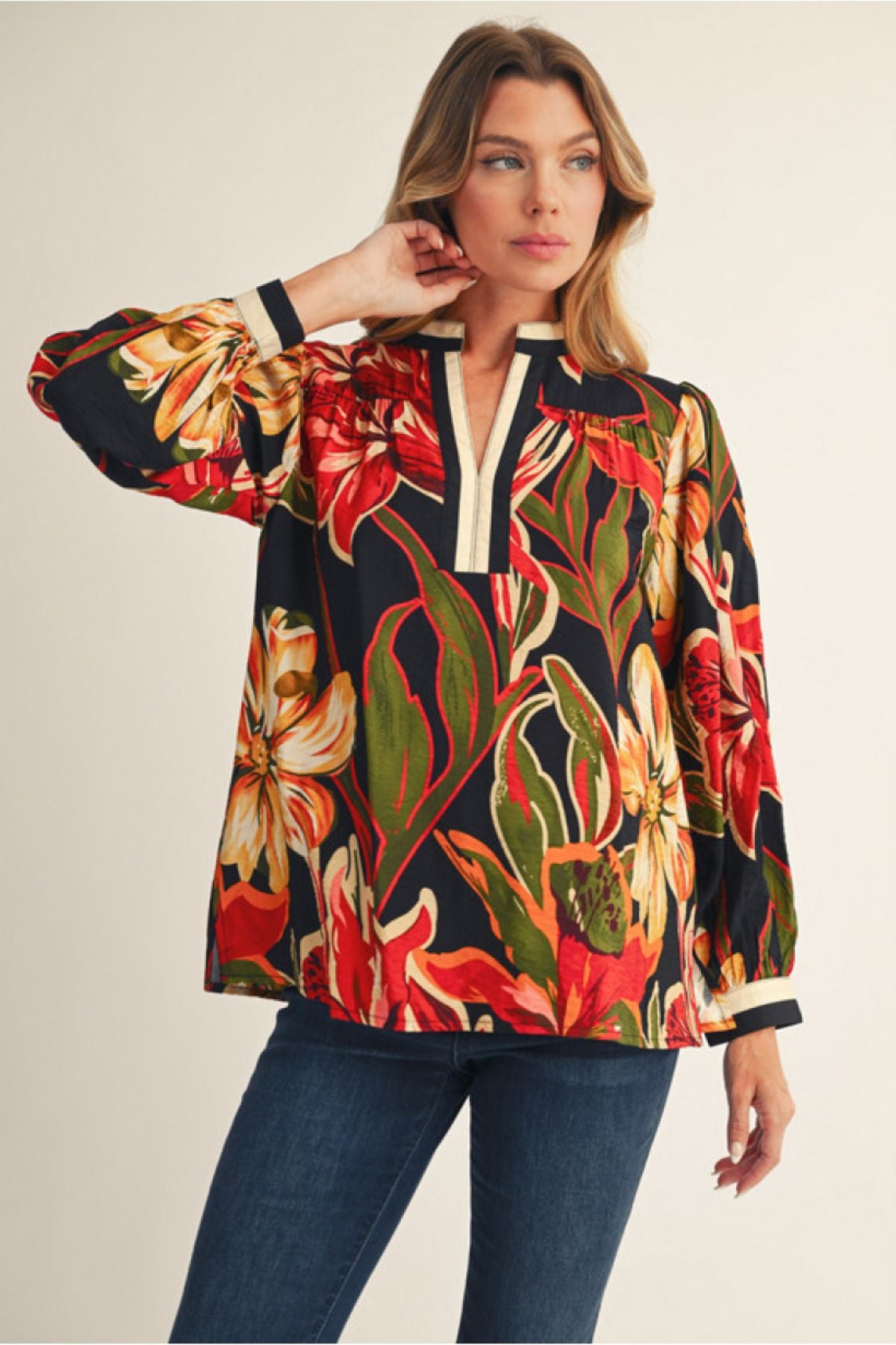 Long Sleeve Floral Top with Contrast Detail
