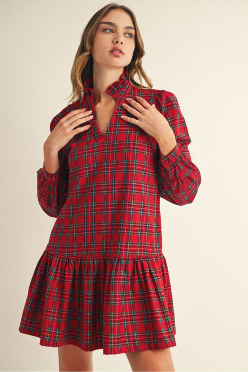 Jodifil Plaid Dress With Ruffle Neckline