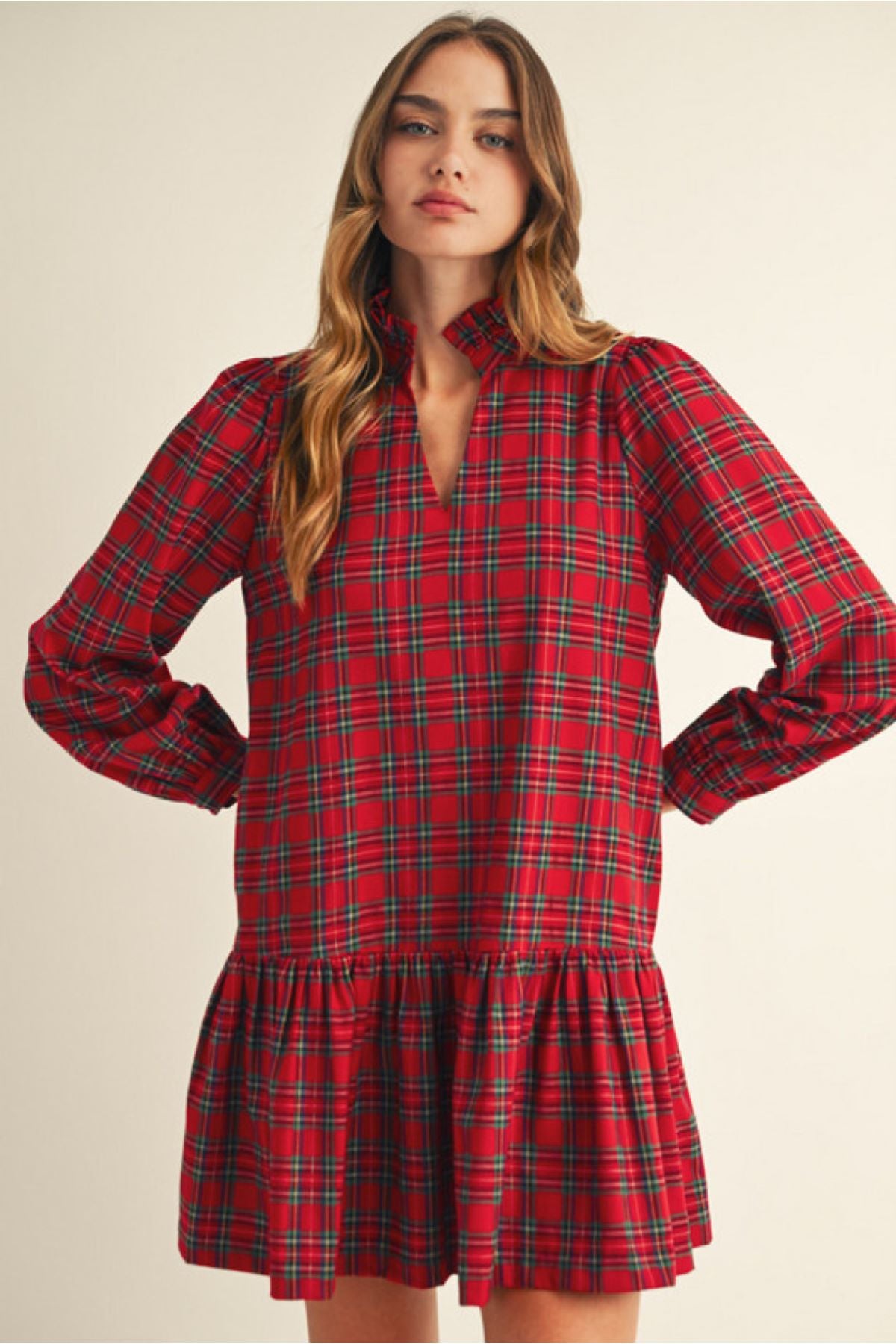 Jodifil Plaid Dress With Ruffle Neckline