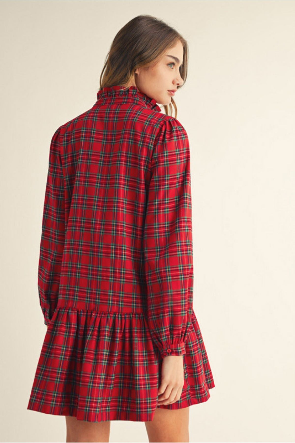 Jodifil Plaid Dress With Ruffle Neckline