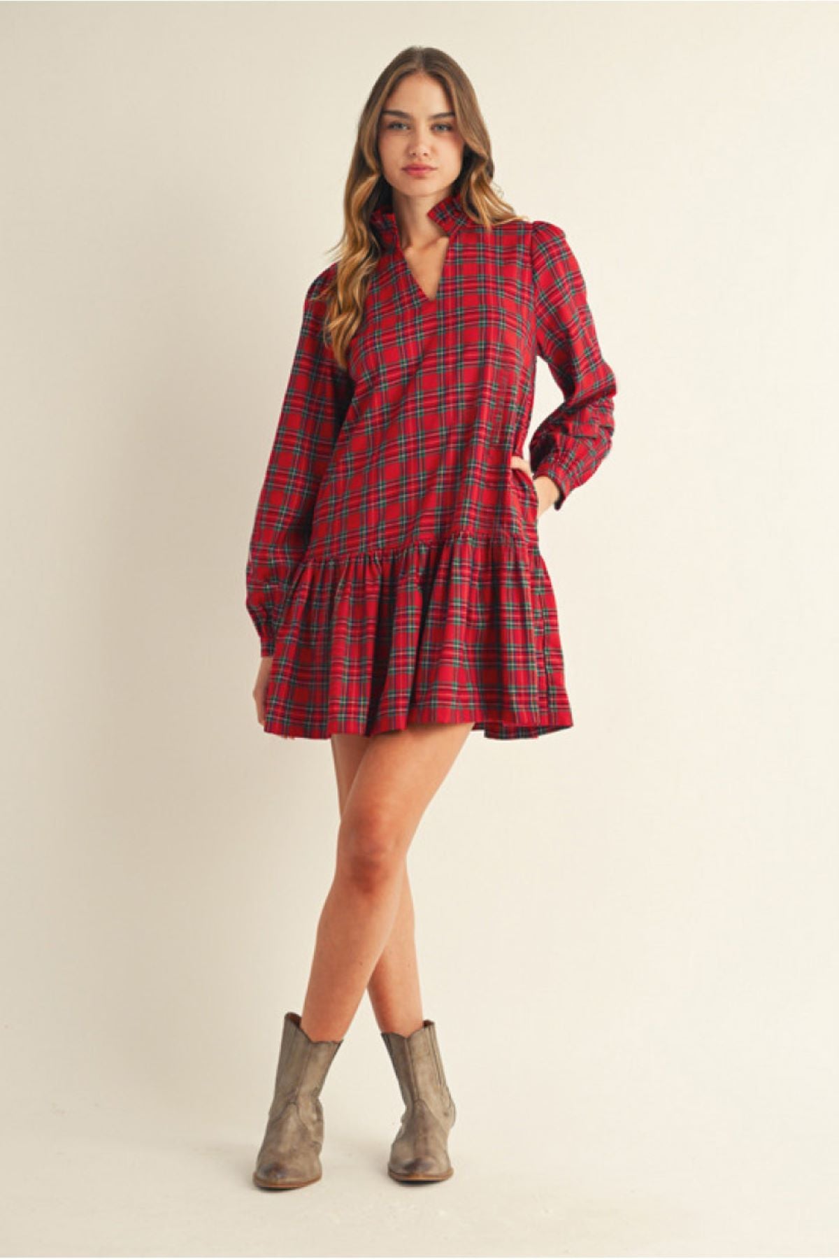 Jodifil Plaid Dress With Ruffle Neckline