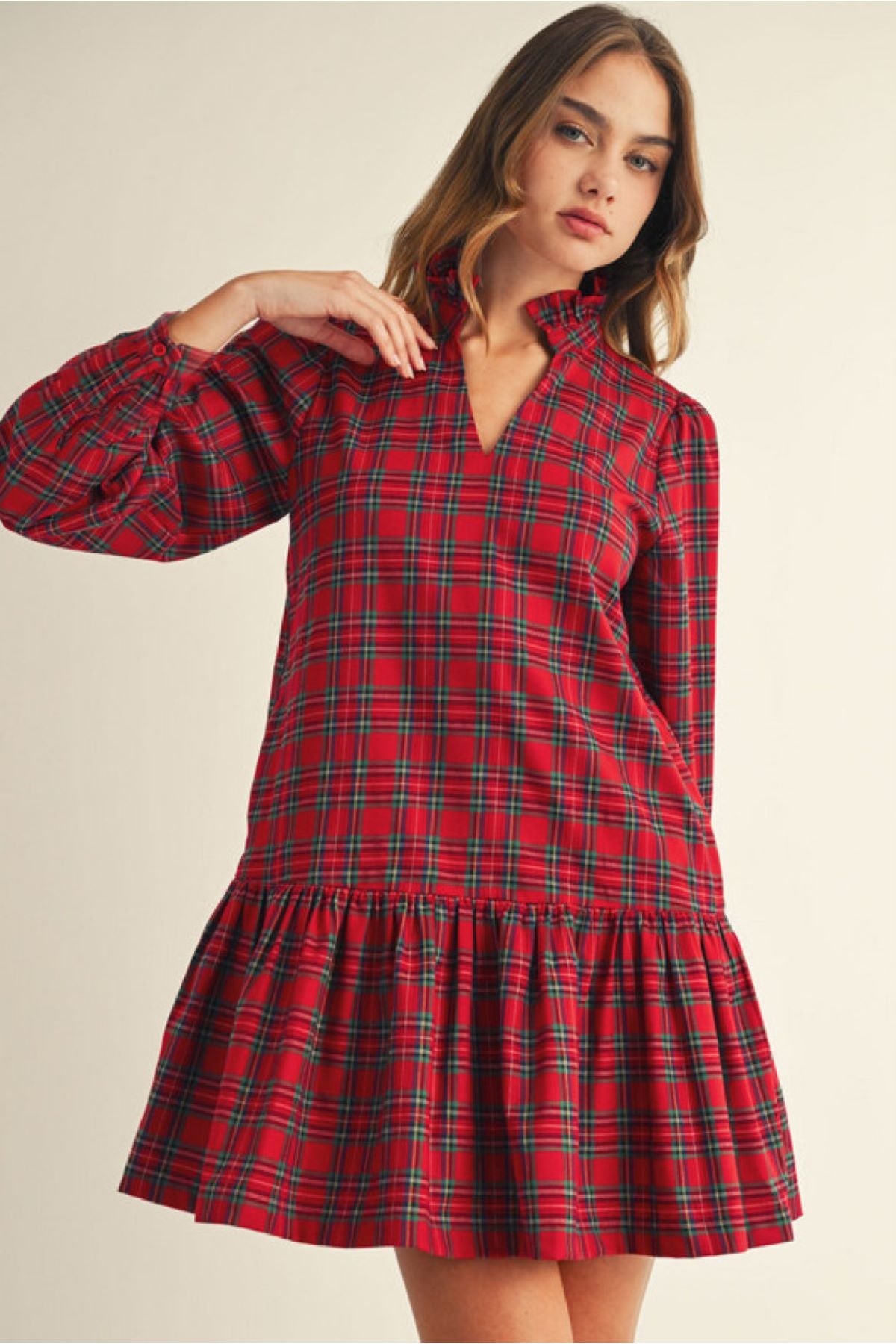 Jodifil Plaid Dress With Ruffle Neckline