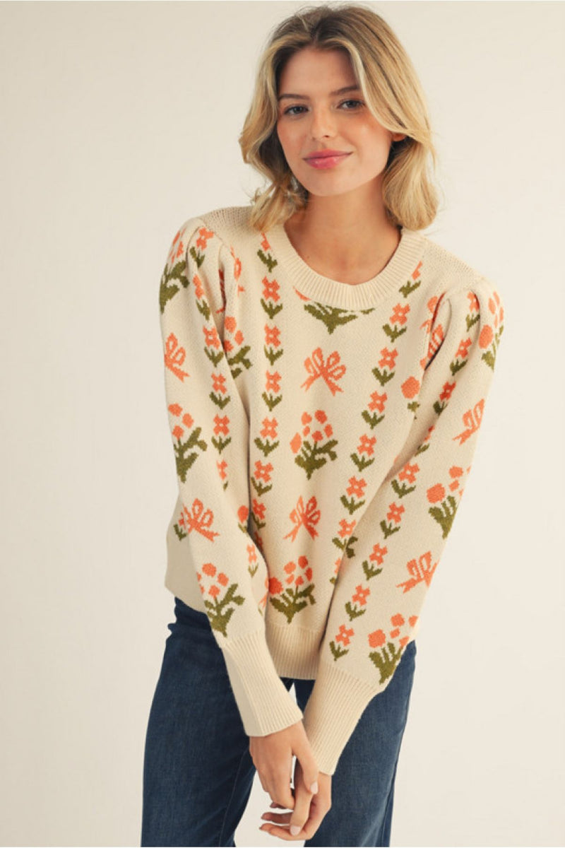 Long Sleeve Floral Patterned Lovely Sweater Top